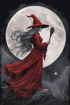 a painting of a witch holding a broom on top of a hill with the moon in the background