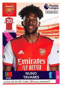 a soccer card with a player on the front and back of it, that says emirates's fly better nuno tavares