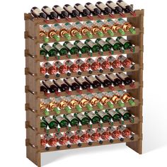 a wooden wine rack filled with lots of bottles