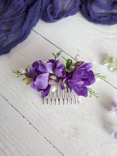 This Lavender hair comb, made of purple flowers, greenery and pearls. This a beautiful and delicate  hair accessory for brides and a nice gift to the bridesmaids On the wedding day, every bride wants to look fantastic. This delicate lavender comb will be a magical addition to your look on your happiest day.  This will emphasize the ease of your image.  The comb is very conveniently attached to the hair and fits in with any hairstyle.  -Material- artificial flowers,greenery and pearls.  -Colors- lavender, lilac - Size - 5,1*2  inches (13*5cm)(compositions) - Unique handmade.  Wedding - is one of the most important events in the life of any girl You deserve the best! Pearls Colors, Bridal Hair Piece, Lavender Hair, Flower Hair Comb, Bride Hair Accessories, Floral Accessories, Hair Decorations, Bridal Hair Pieces, Purple Flower