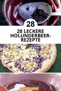 two pictures with different desserts in them and the words 28 lekere hounder - rezepte