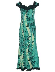 35% Cotton 65% Polyester Fabrics Wrinkle Resistant and Durable Long Maxi Fitted Style with Ruffled Neckline and Hem Ruffled Elastic Shoulders to Wear Off Shoulder Color: Green, Blue, Fuchsia Sizes: XS - 3XL Made in Hawaii - USA Size(in) XS2-4 S6-8 M8-10 L12-14 XL14-16 2XL18-20 3XL22-24 BUST 29 31 34 37 39 41 42 WAIST 28 30 32 34 36 38 41 HIP 34 36 38 39 41 45 49 LENGTH 51 52 52 53 54 55 56 These measurements are from the garment and not from the person, measured on a flat surface from inseam to Spring Hawaiian Green Dresses, Green Hawaiian Floral Print Dress, Tropical Green Dress With Ruffles, Green Hawaiian Dress With Tropical Print, Green Hawaiian Tropical Print Dress, Fitted Green Maxi Dress With Tropical Print, Fitted Tropical Dress With Hibiscus Print, Fitted Tropical Hibiscus Print Dress, Green Hibiscus Print Dress For Vacation