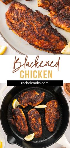 blackened chicken in a cast iron skillet with lemon wedges