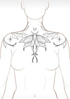 a drawing of a woman's chest with leaves on it and an arrow in the middle