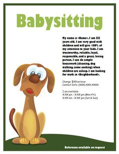 a babysitting flyer with a cartoon dog sitting on the ground and looking up