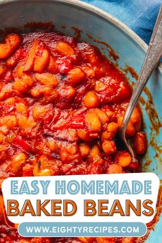 baked beans in a blue bowl with text overlay that reads easy homemade baked beans