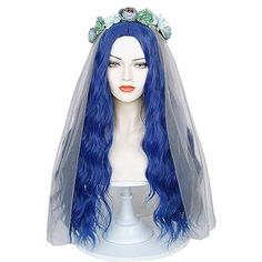 Haley Christian's Amazon Page Corpse Costume, Veil Flower Crown, Long Wavy Wig, Blue Bride, Bride Veil