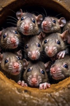 a group of small brown mice sitting in a round hole with their eyes wide open