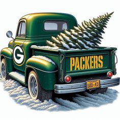 an old green bay packers truck with a christmas tree in the back