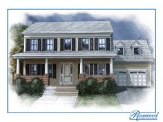 this is an artist's rendering of a two - story house with front porch and garage