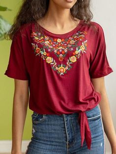 Bestdealfriday Short Sleeve Embroidered Shirts Tops 9537477, Red-XXL Red Fashion Outfits, Embroidered Top Designs, Embroidered Tops, Jewelry 2023, Embroidered Shirts, Tops Online, Embroidered Jacket, Unique Designers, Embroidered Shirt