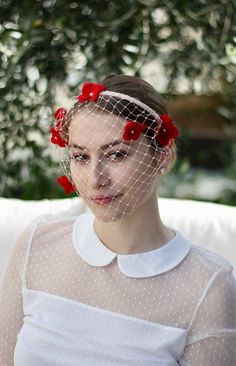 Birdcage Veil, Floral Veil, Veil Headband Gorgeous, elegant floral headpiece with birdcage veil. This handmade headband I have made from silk and organza flowers, attached onto a French veil and the headband is a metal headband covered with a straw material (sinimay). Each flower is finished on the inside with a silver touch and ivory pearl. Ready for shipping. For the headband made in light pink and red, please click on the link below: Can be made in different colors, please contact me for any Tulle Headband For Wedding, Adjustable Tulle Headpiece For Wedding, Wedding Tulle Headband, Summer Wedding Headband Headpieces, Adjustable Tulle Fascinator For Wedding, Red Headband Fascinator For Wedding, Adjustable Tulle Wedding Fascinator, Red Wedding Fascinator, Red Adjustable Hair Accessories For Wedding