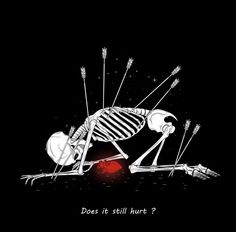 a skeleton sitting on top of a red ball with sticks sticking out of it's back