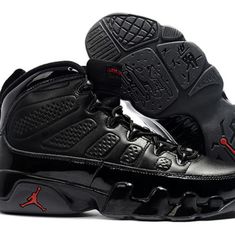 Jordan 9 Classic Black Jordan Shoes For Streetwear, Classic Black Jordan Sports Shoes, Classic Black Jordan Shoes For Sports, Classic Black Jordan Shoes With Rubber Sole, Classic Black Low-top Jordan Shoes, Classic Black Basketball Shoes With Boost Midsole, Classic Black Leather Jordan Shoes, Black Leather Jordan Shoes For Streetwear, Leather Basketball Shoes With Studded Outsoles