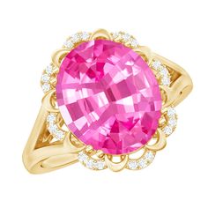 a pink ring with diamonds on the sides and an oval shaped stone in the center