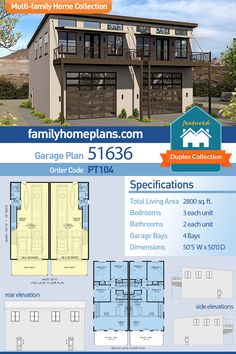 an advertisement for a garage plan with two story houses