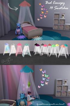 two different views of a child's bedroom with butterflies on the wall and bed canopy