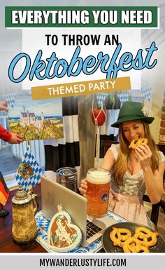 a woman sitting at a table with a beer and pretzels