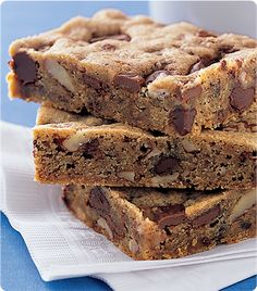 chocolate chip cookie bars stacked on top of each other