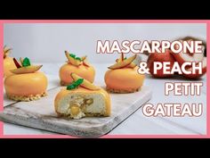 some food that is on top of a cutting board with the words mascarpone and peach