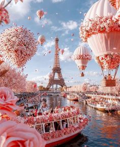 the eiffel tower is surrounded by pink flowers and floating hot air balloons in paris