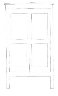 a drawing of an open window with three panes on the front and one side