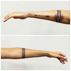 two pictures of the same arm with black lines on it and one has a sun tattoo