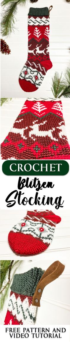 crochet christmas stocking pattern is shown in three different colors