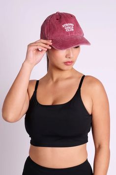 Strong Girls Club logo embroidered vintage wash six panel baseball cap with curved peak. 100% brushed washed cotton, self-fabric adjustable closing, antique brass clasp Embroidered in the UK. SHOP NOW Club Logo, Cotton Hoodie, Comfy Outfits, Gym Outfit, Logo Embroidered