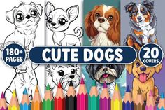 cute dogs coloring pages with colored pencils in front of them and an image of two dogs