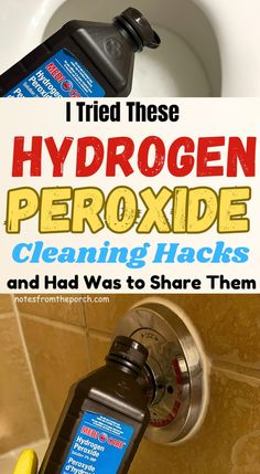 a close up of a bottle of hydrogen next to a toilet with the words hydrogen peroxide cleaning hacks on it