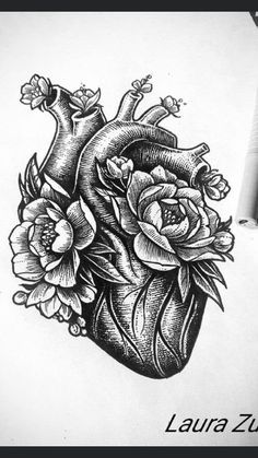 a drawing of a heart with flowers on it