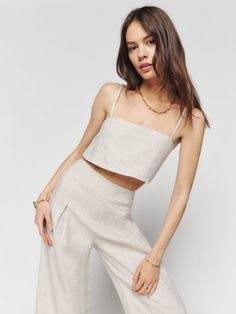 Cleo Linen Two Piece - Sleeveless Long | Reformation Square Crop Top, Linen Two Piece Set, Fancy Jumpsuit, Linen Crop Top, Bohemian Chic Fashion, Spaghetti Strap Crop Top, Strapless Crop Top, Linen Crops, Sleeveless Crop Top