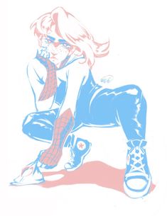 a drawing of a woman sitting on the ground with her legs crossed and wearing sneakers