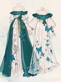 two dresses with blue butterflies on them, one in white and the other in green