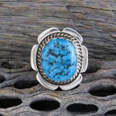 Kingman Turquoise Sterling Silver Ladies Ring, Vintage Native American Navajo Kingman Turquoise Sterling Silver Ring Signed Size 8 3/4 Kingman Turquoise Is Known For Its Bright Blue With Black Matrix That Makes This Ring Stand Out! Mined In Kingman, Arizona, The Oval Turquoise Stone Is Surrounded By A Hand Twisted Sterling Silver Rope Design And Flattering Border. Size 8 3/4 Sterling Silver Gabby Spencer, Navajo Native American Weight: 8 Grams Brand New Made In The Usa Western Sterling Silver Turquoise Concho Ring, Southwestern Turquoise Ring With Concho, Western Sterling Silver Turquoise Ring, Western Oval Turquoise Ring With Concho, Western Style Oval Turquoise Concho Ring, Oval Western Turquoise Ring With Concho, Western Style Oval Turquoise Ring With Concho, Kingman Arizona, Native American Jewelry Navajo