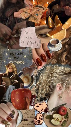 a collage of photos with food and writing on them, including apples, oranges,