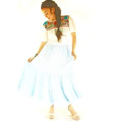 Mexican Skirt Light Sky Blue Midi Length Pleated Details Size S Ankle Lenght White Soft Cotton Light Gauze Fabric. (See Through, Wear It With One Of Our Slips Or Provide Your Own!) Handmade Traditional Design Made In Mexico Mexican Skirt, Mexican Skirts, Seersucker Skirt, Mid Calf Skirt, Full Midi Skirt, Light Sky Blue, Mexican Dress, Striped Midi Skirt, Tiered Ruffle Skirt