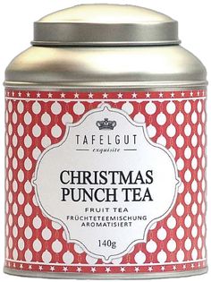 christmas punch tea in a red tin with white polka dots on the front and silver lid