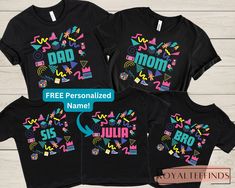 three personalized shirts with the word mom and two children's names on them