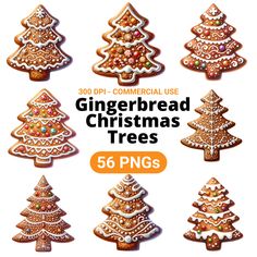 gingerbread christmas trees are shown with the words, gingerbread christmas trees 50 pngs