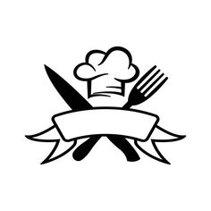 a chef's hat and knife with a ribbon around it, on top of a white background