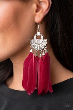 Oversized red feathers swing from the bottom of an ornately hammered and stacked silver frame, resulting in a flirtatiously colorful fringe. Earring attaches to a standard fishhook fitting.

 Sold as one pair of earrings. Earrings Tassel, Fringe Earring, Red Feather, Red Jewelry, Paparazzi Accessories, Red Earrings, Paparazzi Jewelry, Feather Earrings, Stay Connected