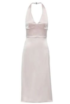 90s minimalism underpins this silk-satin Prada dress. It's cut to a sleek, fluid silhouette accentuated by clean, simple lines and features a halter neckline and tonal logo embroidered at the lower back. Formal Pink Satin Midi Dress, Pink Satin Backless Halter Dress, Pink Satin Halter Dress For Date Night, Sleeveless Satin Halter Dress With Fitted Bodice, Elegant Pink Backless Halter Dress, Pink Silk Satin Midi Dress, Summer Satin Halter Dress For Dinner, Silk Sleeveless Slip Dress For Dinner, Sleeveless Satin Dress With Fitted Bodice For Date Night