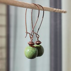 Green Ceramic Earrings Dangle Earthy Earrings by NtikArtJewelry Everyday Copper Dangle Earrings, Everyday Copper Drop Earrings, Single Copper Drop Earring, Elegant Everyday Copper Earrings, Copper Drop Earrings, Minimalist Copper Drop Earrings, Adjustable Minimalist Copper Earrings, Hypoallergenic Copper Dangle Earrings, Earthy Earrings