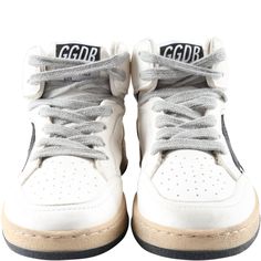 Color: White Chunky white sneakers, with lace-up closure on the front, and beige and black rubber sole. They are embellished with iconic black star, blue logo and golden logo on the side, black Kers writing on the back and iconic all-over dirty effect. 100% Leather. White High-top Custom Sneakers With Elastic Laces, White High-top Sneakers With Elastic Laces For Streetwear, White High-top Sneakers With Elastic Laces And Round Toe, White High-top Sneakers With Elastic Laces, White Mid-top High-top Sneakers With Elastic Laces, White High-top Skate Shoes With Studded Outsoles, Chunky White Sneakers, Goose Sneakers, Golden Logo