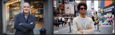 two men standing next to each other on a city street