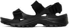 Recycled nylon webbing sandals in black. · Open toe · Velcro straps at vamp · Textile logo patch at outer side · Antibacterial molded EVA foam rubber footbed · Treaded rubber sole · Platform: H1.5 in Supplier color: Black Black Sandals With Vibram Sole For Outdoor, Black Outdoor Sandals With Vibram Sole, Outdoor Sandals With Vibram Sole In Black, Outdoor Black Sandals With Vibram Sole, Black Synthetic Sport Sandals With Vibram Sole, Black Sandals With Vibram Sole For Outdoor Activities, Black Leather Waterproof Sandals, Black Sports Sandals With Vibram Sole, Black Sport Sandals With Vibram Sole