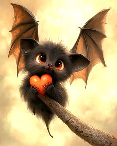 a small bat sitting on top of a tree branch holding an orange heart in it's paws