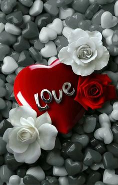 a red heart surrounded by white flowers and rocks with the word love written on it